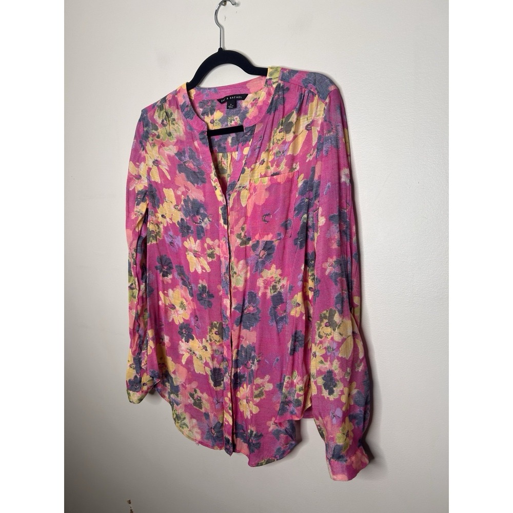 Zac & Rachel Womens Pink Floral Roll Tab Sleeve Button Up Blouse Gauze Top Small - Picture 4 of 8